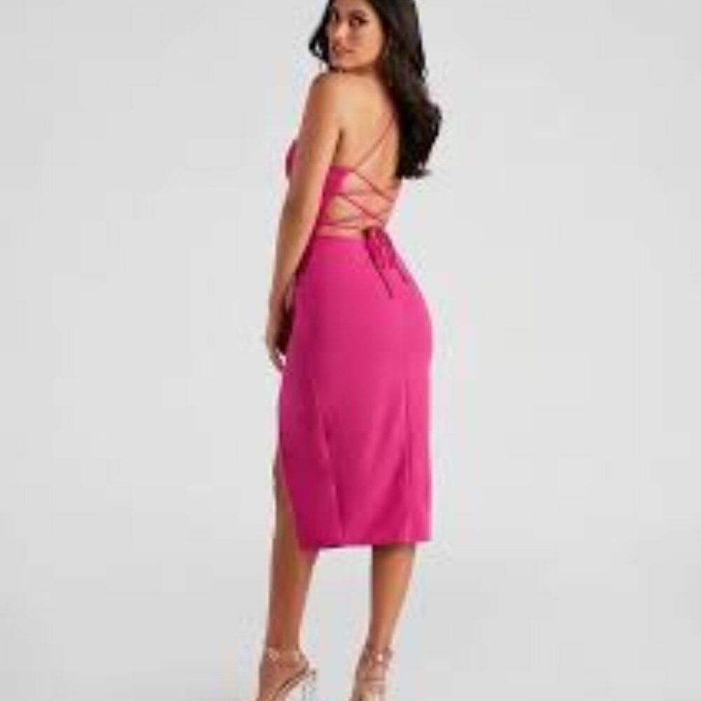 8-NWOT HALARA LACE UP BODYCON MIDI DRESS - Picture 2 of 4